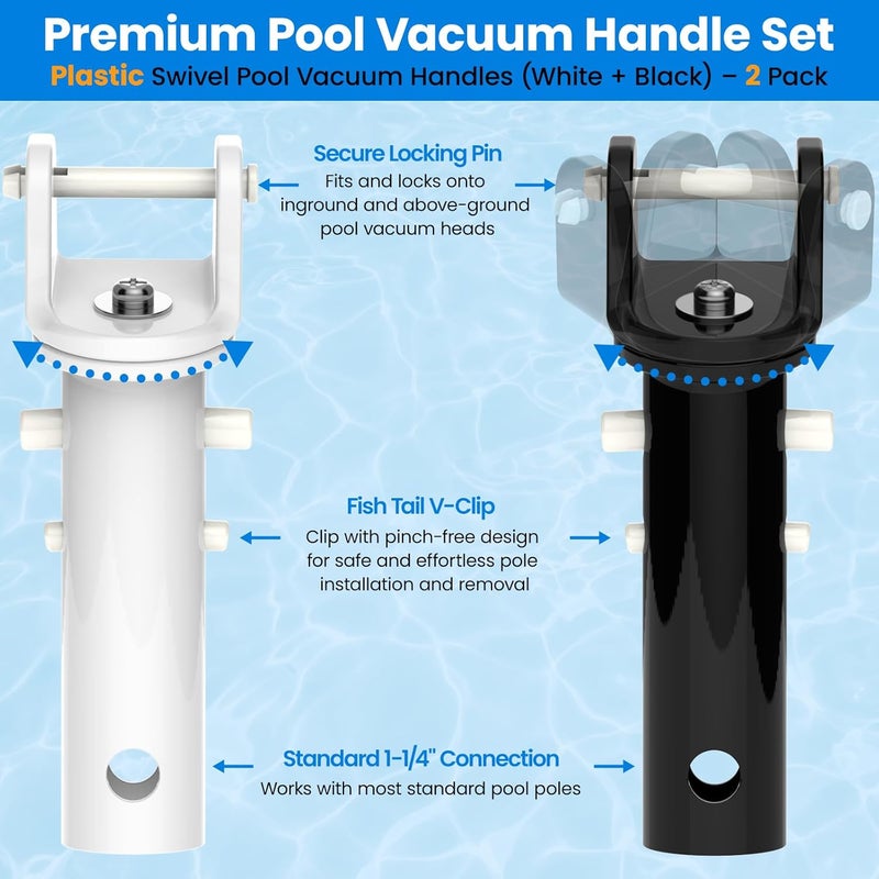 Poolvio Pool Vacuum Head Replacement Handles (2-Pack) – Heavy‑Duty Plastic Swivel Handles with EZ Clips & Locking Pins – Fits Standard 1‑1/4″ Telescopic Pole & Pool Accessories - Image 2